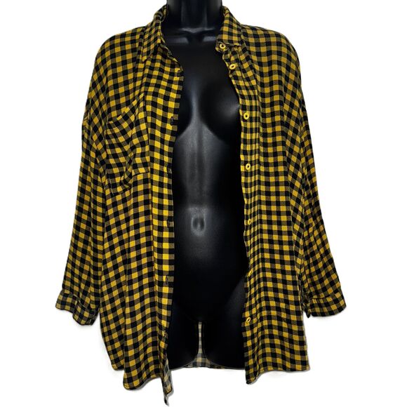 Small‎ Boohoo Oversized Gingham Black Yellow Plaid Long Sleeve Button Down Shirt - Picture 1 of 4